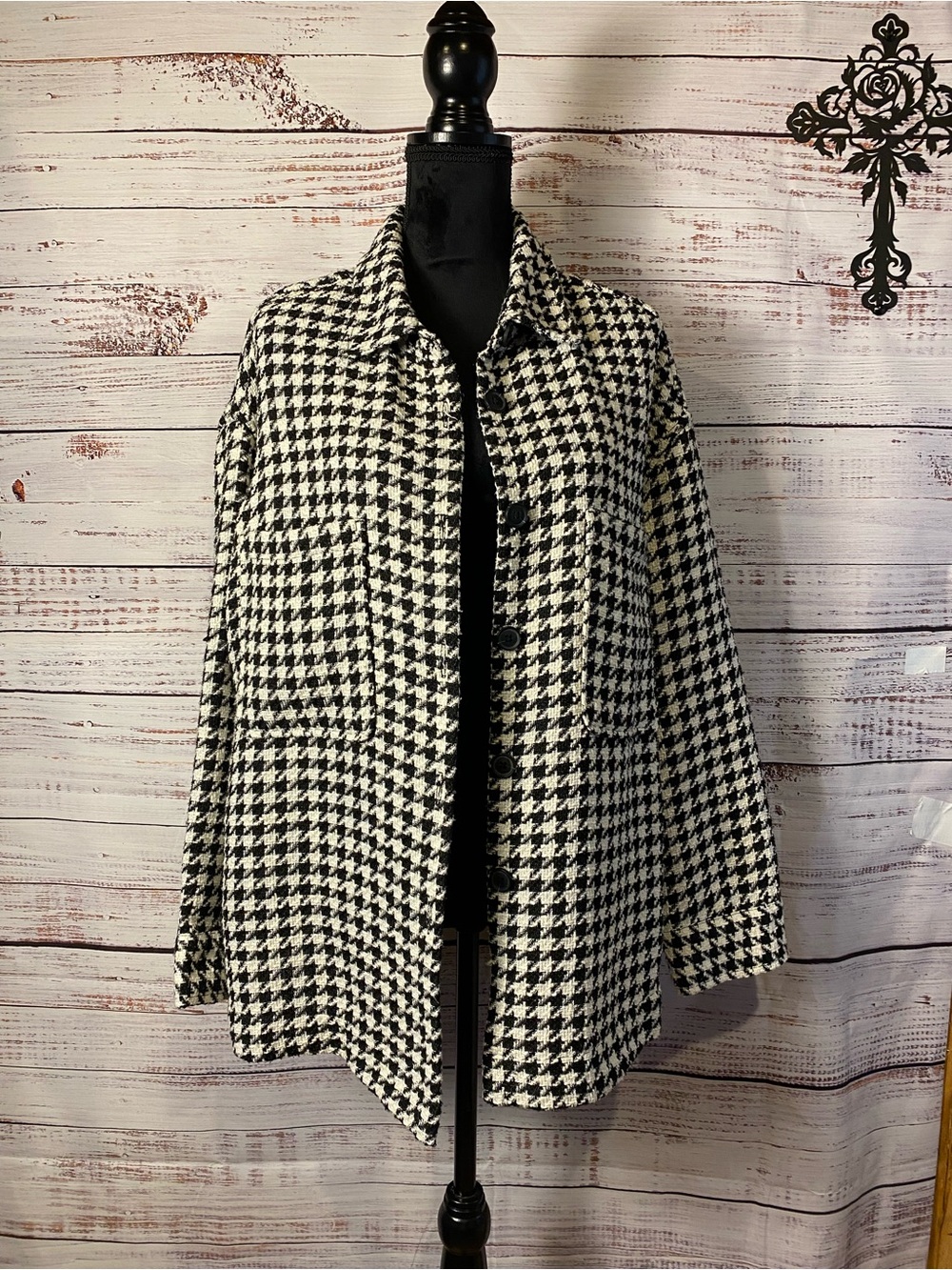 a new day Black and White Houndstooth Pea Coat Sz-XXL
